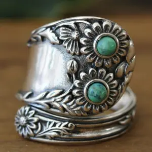 Boho Vintage Spoon Style Ring - Adjustable Copper Statement Piece with Turquoise Stones, 925 Silver Plated, Perfect for All Seasons - Ideal for Daily Wear & Gift-Giving, Christmas Holiday Accessory