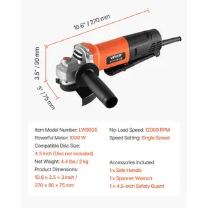 VEVOR Angle Grinder, 4-1/2 Electric Grinder Power Tool, 8Amps 12000RPM High-Speed Corded Angle Grinders with 230 Adjustable Dust Guard for Metal Grinding, Cutting, Rust Removal (Disc Not Included)