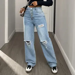 Women's 3-Piece Vintage Soft Style Clothes Set - High-Waisted Ripped Wide-Leg Button-Fly Distressed Denim Pants, Oversized Breathable Viscose Graphic Tee, Cropped Bodysuit - Everyday Streetwear, Festival Wear