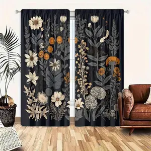 Two piece set, made of polyester material, with black floral print and semi transparent curtains, suitable for decorating bedrooms, living rooms, offices, and homes. It features a pole bag design for easy hanging, Window Curtain