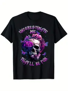 Men's & Women's Vintage Graphic T-Shirt 100% Cotton Edgy Skull & Floral Print with "Underestimate Me" Slogan, Round Neck Short Sleeve Tee for Gym & Casual Wear, Machine Washable, Gift-Ready, Unisex Clothingvintage graphic tees Menswear Soft Top Breathable