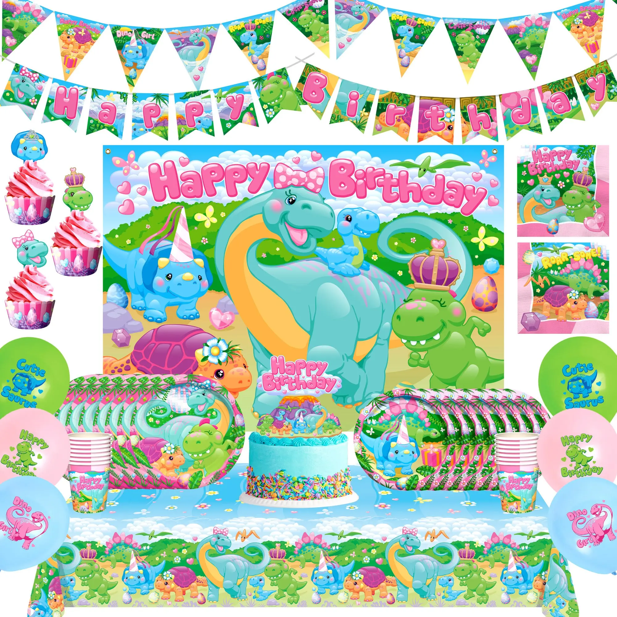 Non-Woven Dinosaur Adventure Birthday Party Ultimate Kit for 16 Girls, Festive Supplies Set with 1 Cake Topper, Pre-Strung 4.25ft-Tall x 6ft-Wide Backdrop, Cute Festive Decorations, 54in x 108in Tablecloth, 6.5in Luncheon Napkins, Cups, Plates