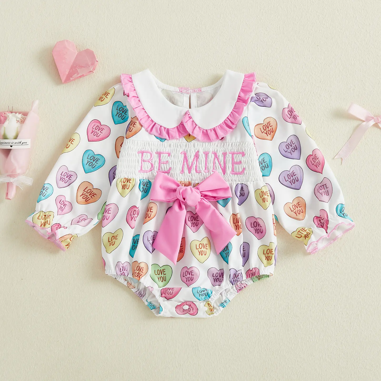 Infant Baby Girl Valentine's Day Romper Long Sleeve Smocked Letter Heart Print Romper with Bow Spring 0-18 Months