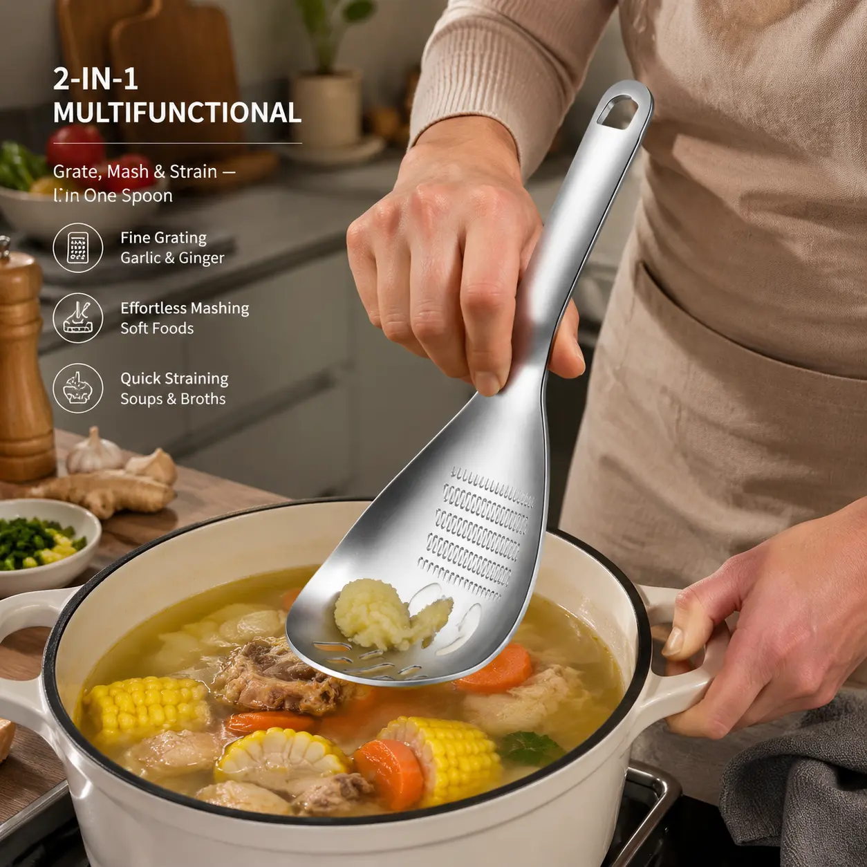 1 Count 304 Stainless Steel Multifunctional Kitchen Spoon, Egg White Separator Ginger Garlic Grater Mud Masher for Home Daily Cooking