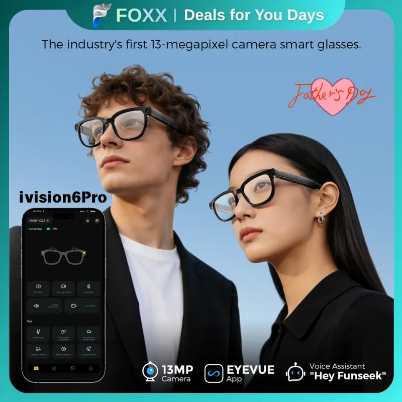 [Refresh Season]  iVision6 Pro Smart Glasses with 13MP Camera, 2K 30FPS Video, 32GB Storage, WiFi Photo Transfer, Dual Speakers, Photo Recognition & Translation Supported, Lightweight Wearable Glasses for Travel, Outdoor, Daily Use & Gifts tiktokshopsprin