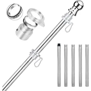 No Tangle Flag Pole, 6ft Flag Pole for Outside House, Stainless Steel 1" Flagpole with Tangle Free Aluminum Flag Rings,  1 inch Flag Poles for 3x5 Flags Outdoor (6 FT, 5 Sections, No Bracket)