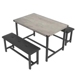 【GARVEE】Dining Table Set for 4, Kitchen Table with 2 Upholstered Benches, Wood Kitchen Dining Room Set, for Small Space, Apartment, Home, Dinner, Retro Gray