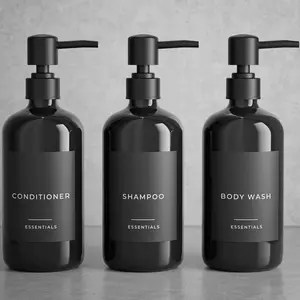 Stylish Shampoo and Conditioner Dispenser Set of 3 - Modern 21oz Shower Soap Bottles with Pump and Labels - Easy to Refill  Wash Dispensers for an Instant Bathroom Decor Upgrade - Black