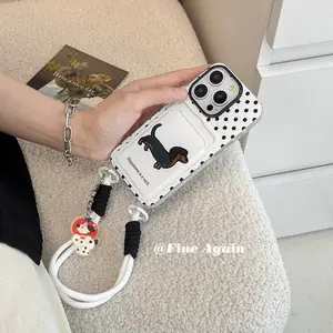 Black and White iPhone 16 Case with Cute Dachshund Cardholder Design, Strap & Dog Chain - Adorable Accessory for Everyday Use