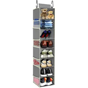 Large-Sized 8-Shelf Hanging Shoe Organizer, Hanging Closet Organizer with 8 Side Pockets, Wider Hanging Shelves for Shoes Clothes Storage, Grey 9" W × 11.8" D × 48" H