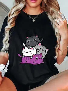 100% Cotton Kawaii Cat Pile Asexual Pride T-Shirt for Men Women
