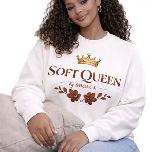 SROLCA Soft Queen Sweatshirt Women's Cozy White Crewneck with Crown & Floral Design Comfortable Stylish Casual Wear