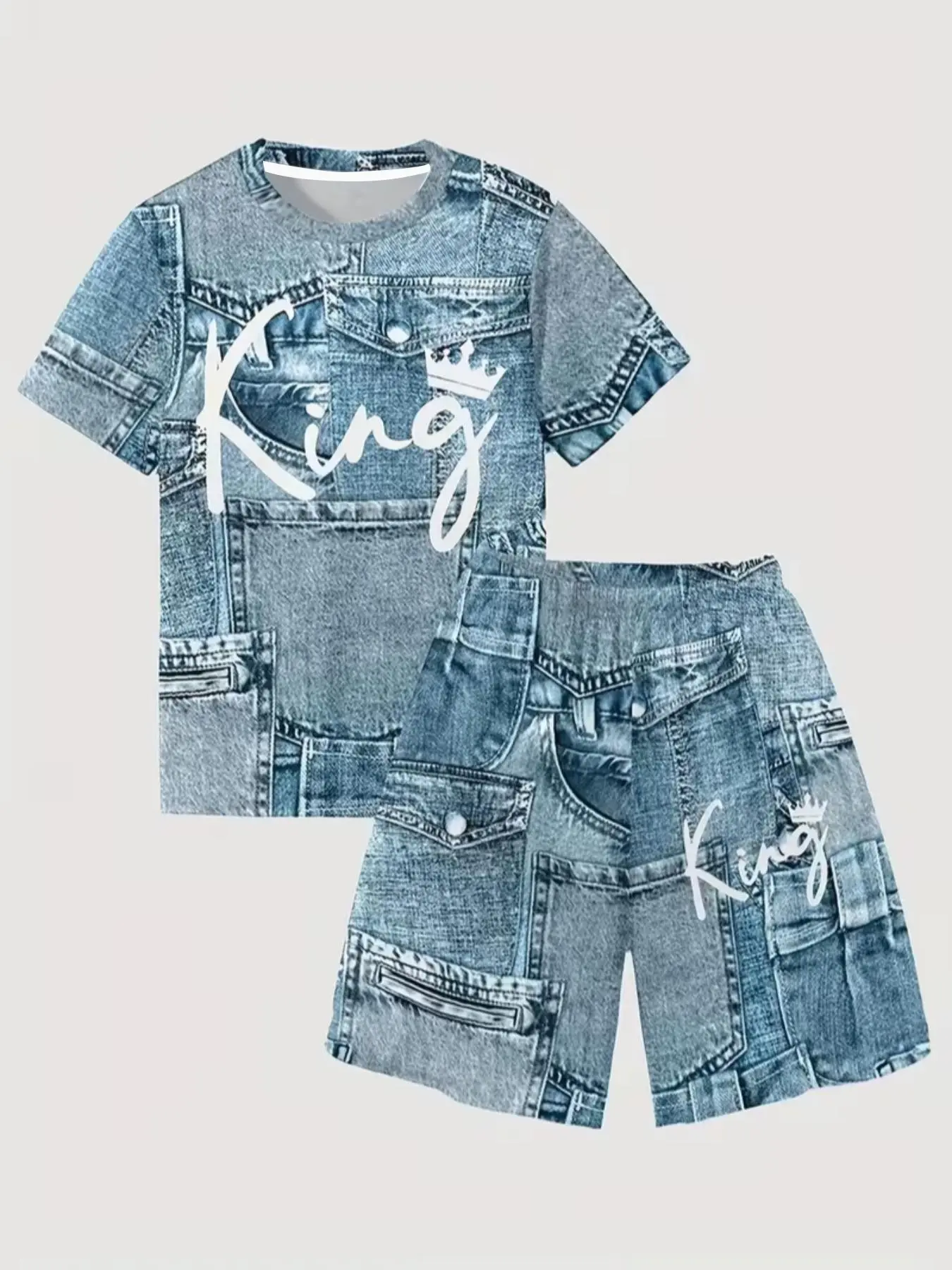 Boys King Letter Print Faux Denim Set, Two-Piece Patchwork Design for Summer Casual Sport School Wear, Ideal Gift for Boys Clothes Kids, Graphic Print Set, Summer Clothing Set, Outfits Set