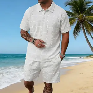 Textured Grid Knit Men's Two Piece Set Short Sleeve Polo Shirt and Drawstring Waist Shorts Perfect for Summer Daily Wear and Casual Street Style Combinations