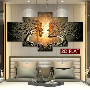 2D flat Tree of Life 5-panel framed canvas poster, modular decorative painting. Modern art with waterproof ink, ideal for bedroom, living room, kitchen, dorm wall decor. Perfect gift.