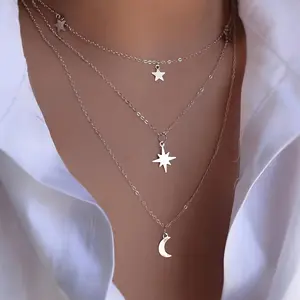 925 silver 1 Piece Multi-layer Alloy Star Pendant Street Moon Women Multi-layer Stacked Necklace