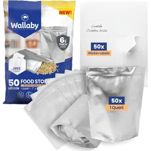 Wallaby 1-Quart Gusset Mylar Bags with Labels (50 Count) 12 Mil Total Thickness, Long-Term Food Storage, Heat-Sealable Airtight Packaging - Silver