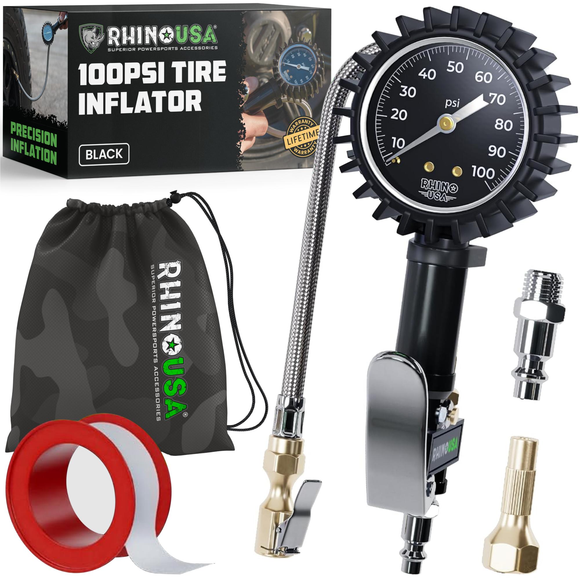 Rhino USA Tire Pressure Gauge with Inflator (0-100 PSI) - Heavy Duty Air Chuck and Compressor Accessories