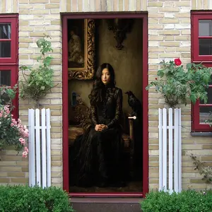 2pcs Vintage Gothic Dark Style Girl with Crow Oil Painting Wall Stickers Self Adhesive Removable Waterproof PVC Art Mural Decals for Living Room Bedroom Vintage Gothic Dark Style Girl with Crow Oil