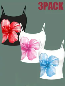 3 pieces of youth flower printed knitted camisole tops, beautiful and comfortable, can be worn in spring, summer, autumn, winter, versatile styles, casual fit, machine washable and dry cleanable