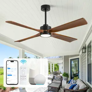 52Inch Farmhouse Ceiling Fan with Light,Smart Aleax/Tuya APP/Remote Control Outdoor Ceiling Fan for Patio/Porch,Indoor Rustic Farmhouse Ceiling Fan Light with 4 Solid Wood Blades Damp-rated for Bedroom/Livingroom Kitchen Small Spaces
