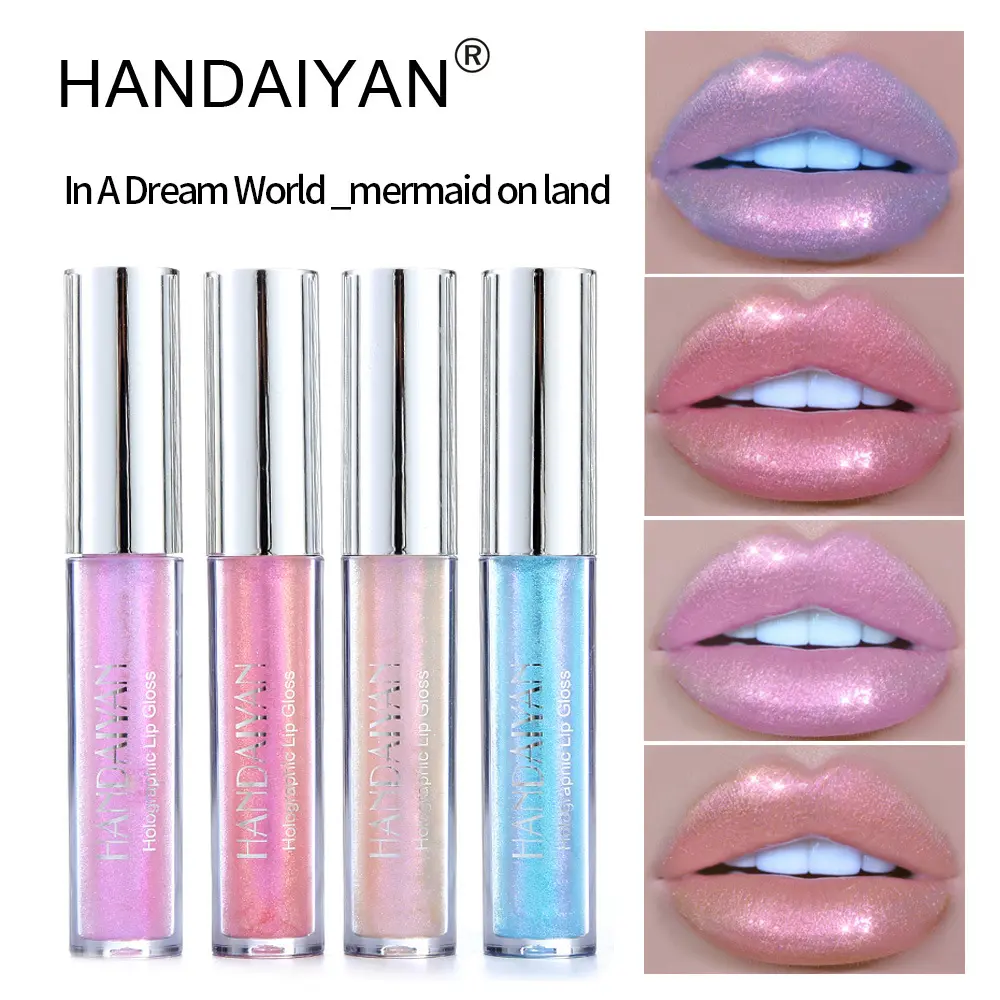 Handaiyan Alcohol-Free Mermaid Lip Plumper Lipgloss, Iridescent Holographic Color-Shift, Sparkly Interstellar Dewy Finish Makeup Product