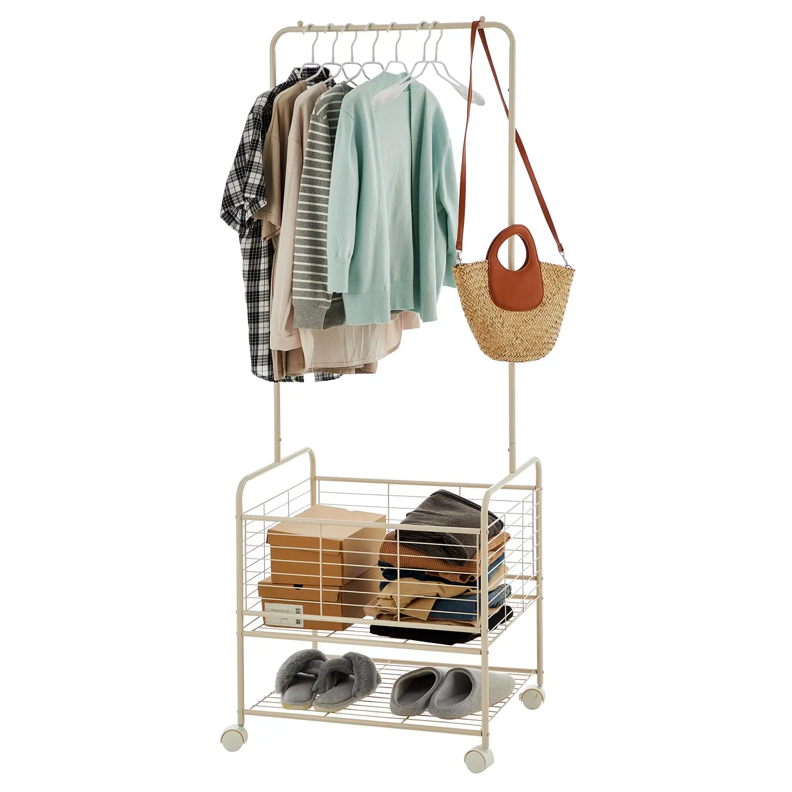 Metal Laundry Cart with Hanging Rack & Storage Shelves, 3 in-1 Rolling Hamper with Wheels for Clothes, Towels for Small Apartment/Bathroom