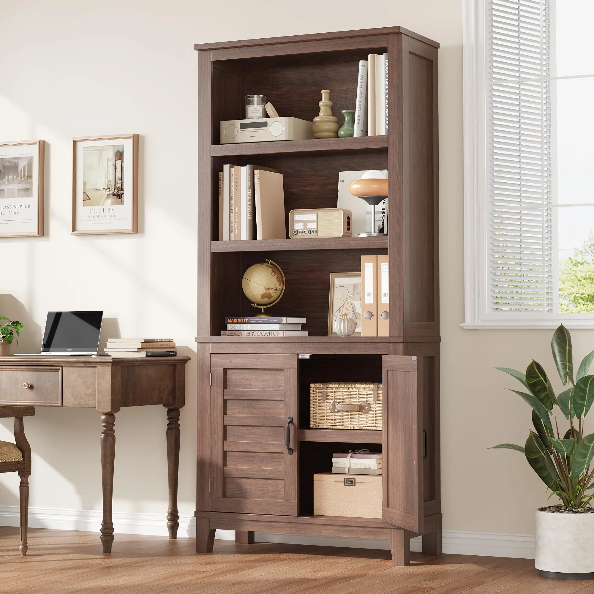 Set of 2 Walnut Wooden Bookcases with Cabinet Doors, 5-Tier Rustic Vintage Closed Storage Etagere, Stable Multi-Use Display Shelves for Living Room, Bedroom & Home Office
