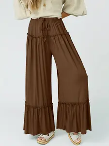Women's Tiered Ruffle Hem Wide Leg Pants Elastic Waist Flowy Palazzo Boho Pants