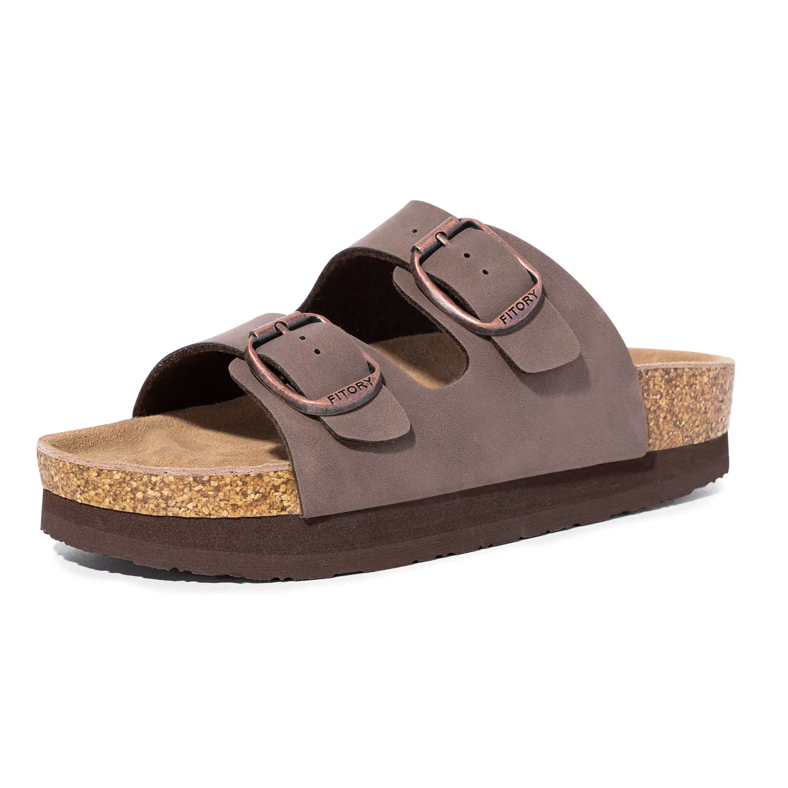 FITORY Women's High Flat Cork Footbed Sandals, Open Toe Adjustable Slides, Outdoors Slippers with Arch Insoles Casual Summer Thong Sandals for Beach S