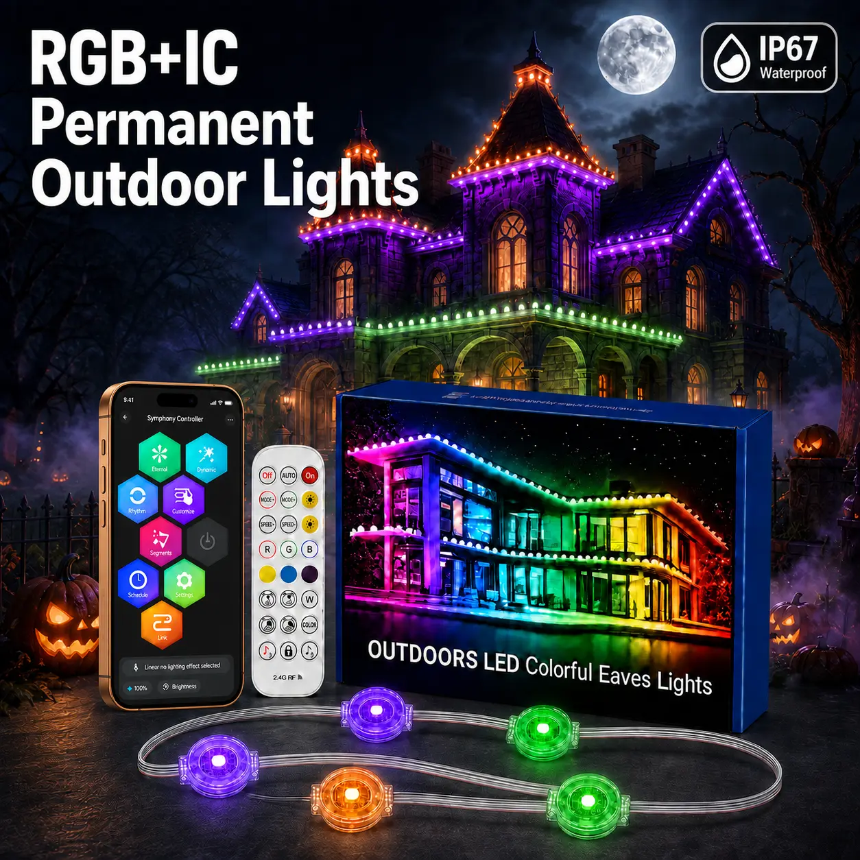 RGB IC Permanent Outdoor Eaves LED String Lights, IP67 Waterproof Smart Roof Lights with APP & 2.4G RF Remote, Chase Effect, Music Sync & Voice Sync, 50-500FT Halloween Home Improvement Decor