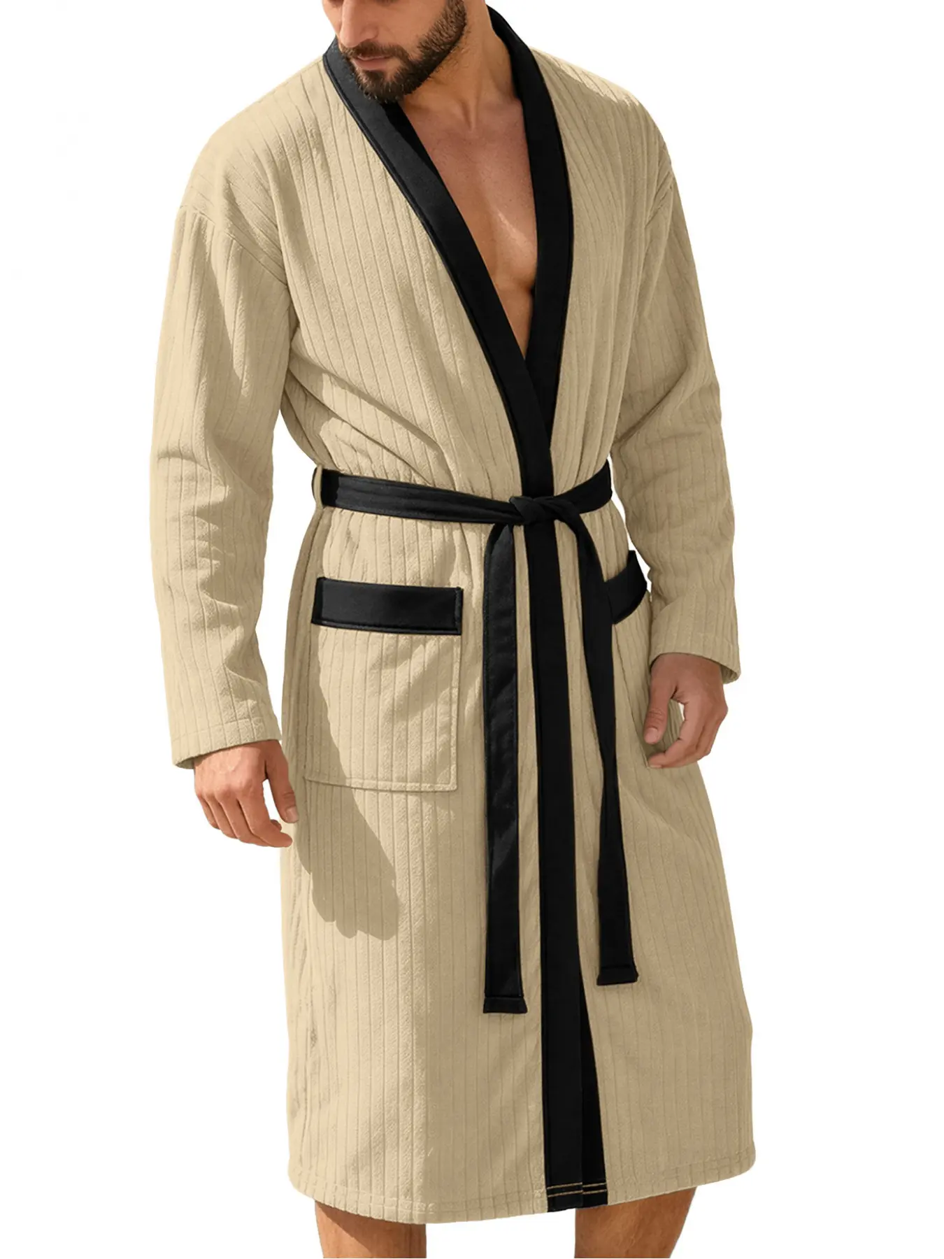 Men's Long Robe with Color Block Neckline, Long Sleeve, Waist Belt, Home Leisure Bathrobe with Pockets, Comfortable, Stylish and Elegant