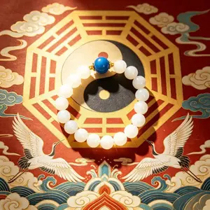 Exquisite High Quality Natural White & Blue Jade Beaded Bracelet - Taoist Calm & Balance Charm, Blue Beaded Bracelets & Bangles, Exquisite Bracelet