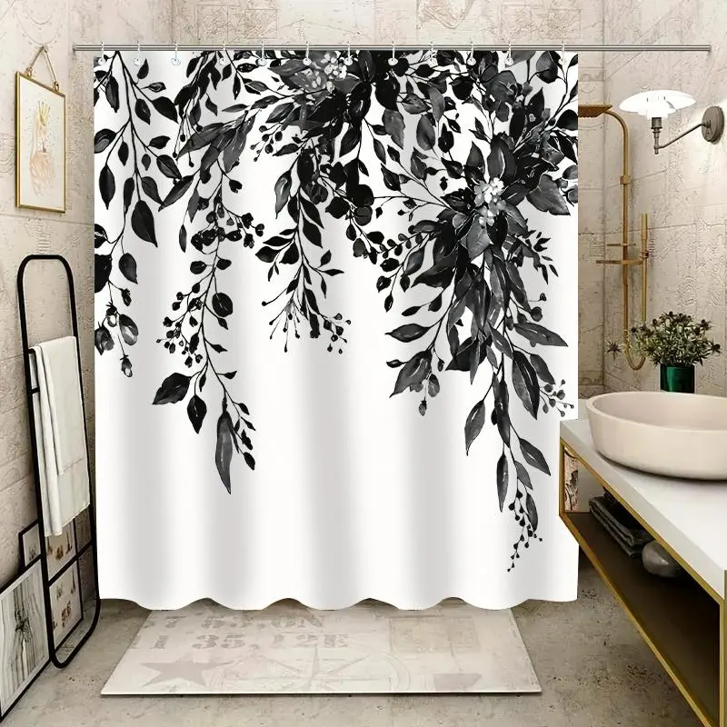 Black & White Floral Vine Print Shower Curtain, Waterproof Bathroom Shower Curtain, Durable Shower Curtain for Home, Hotel, Apartment, Dorm, Spa, Bathroom Accessory, Bathroom Decoration Accessories