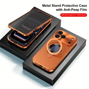 Phone case: Magnetic All-Metal Aluminum alloy Cover for iPhone 17 Pro Max, 17 Air Creative bracket Ring holder Stand Phone Case, Double sided protection for iPhone 17 pro with Built-In Privacy Tempered Glass And Alloy Frame, Support wireles