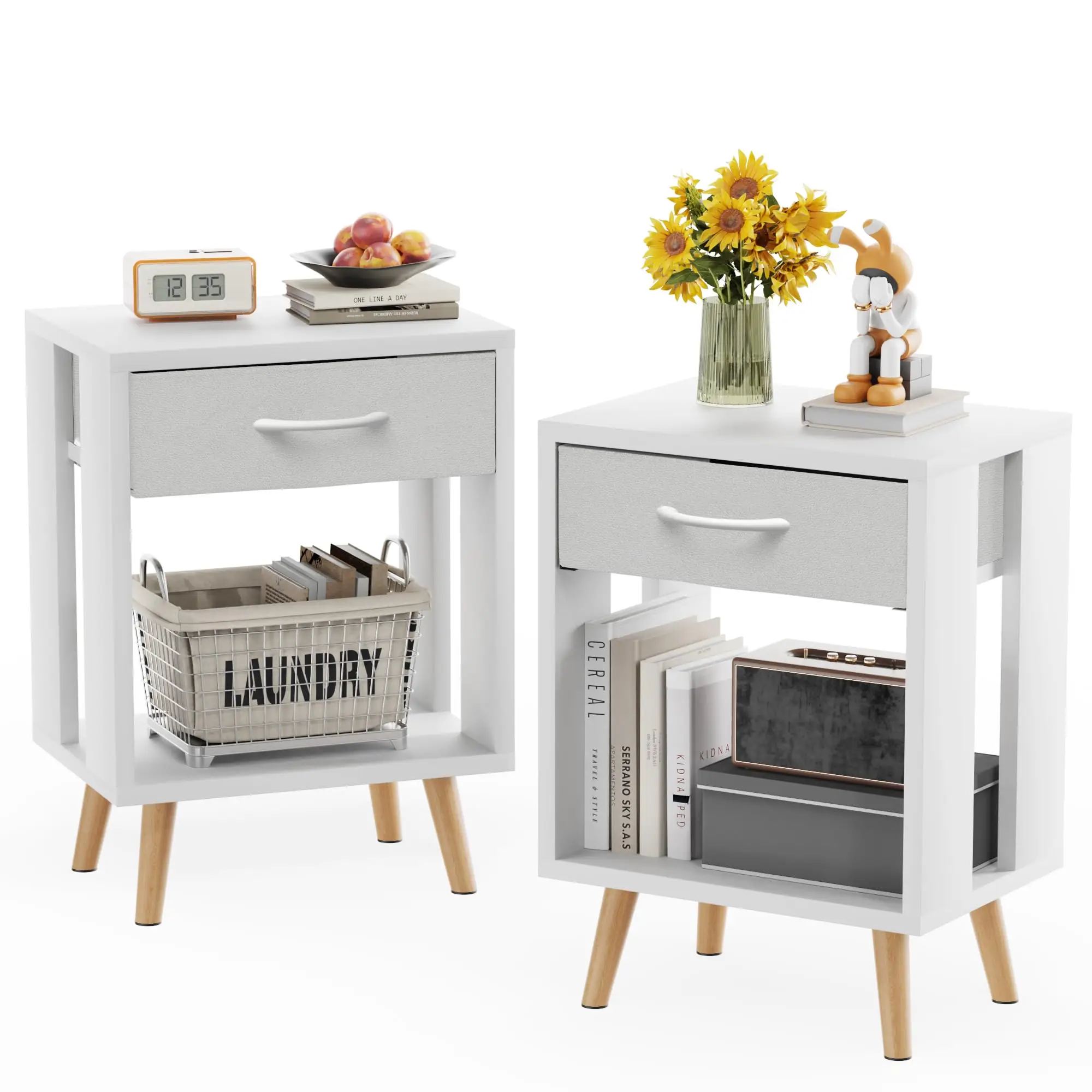 【Deals For You Days】Night Stand Set 2 with Fabric Drawer and Open Wood Shelf, Side Table with Storage, Nightstands with Drawer for Bedroom, Bedside Ta