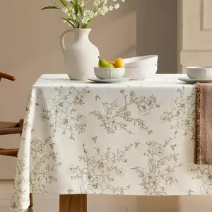 Farmhouse Green Floral Tablecloth Vintage French Rustic Tablecloths Rectangular with Flowers Pattern Burlap Textured Table Cover for,Dining,,Home 55x84 Inch