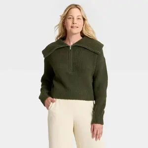 Women's Long Sleeve Quarter Zipped Pullover Sweater - A New Day Dark Green M