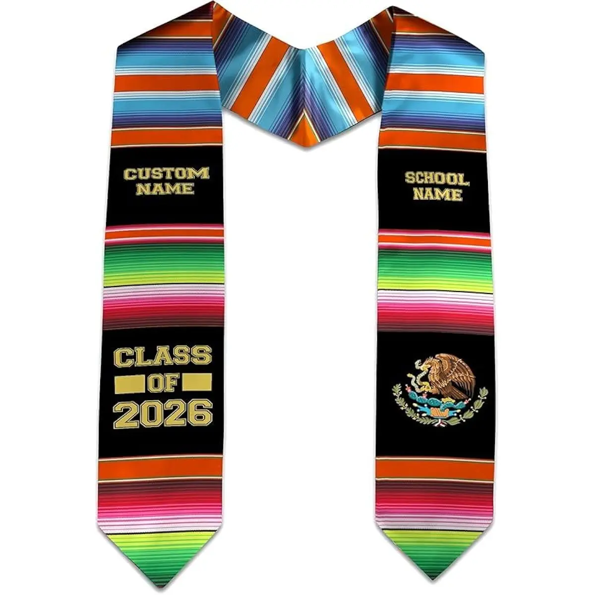 Personalized Mexican Flag Graduation Stole, Soft All-Over Print Polyester for Unisex High School & College Graduates, Class of 2026, Polyester Clothing, Lightweight