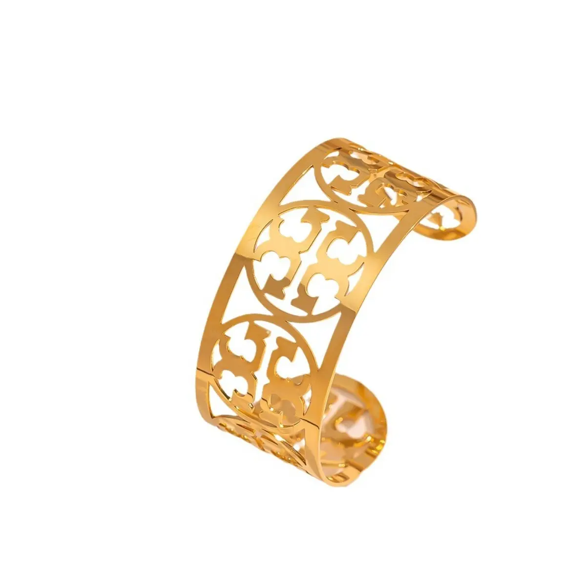 Tory Burch Women’s Signature Double‑T Cutout Wide Open Cuff Bracelet, Gold‑Tone Titanium Steel Statement Bangle Jewelry