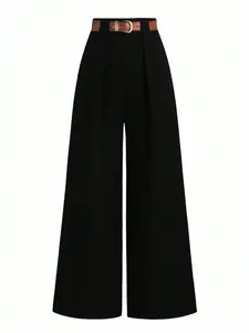 Women's Belted High Waist Wide Leg Pants Solid Black Front Pleat Trousers Womenswear Office Workwear Business Casual Minimalist Capsule Wardrobe Corporate Core Versatile Elegant Daily Outfits Spring