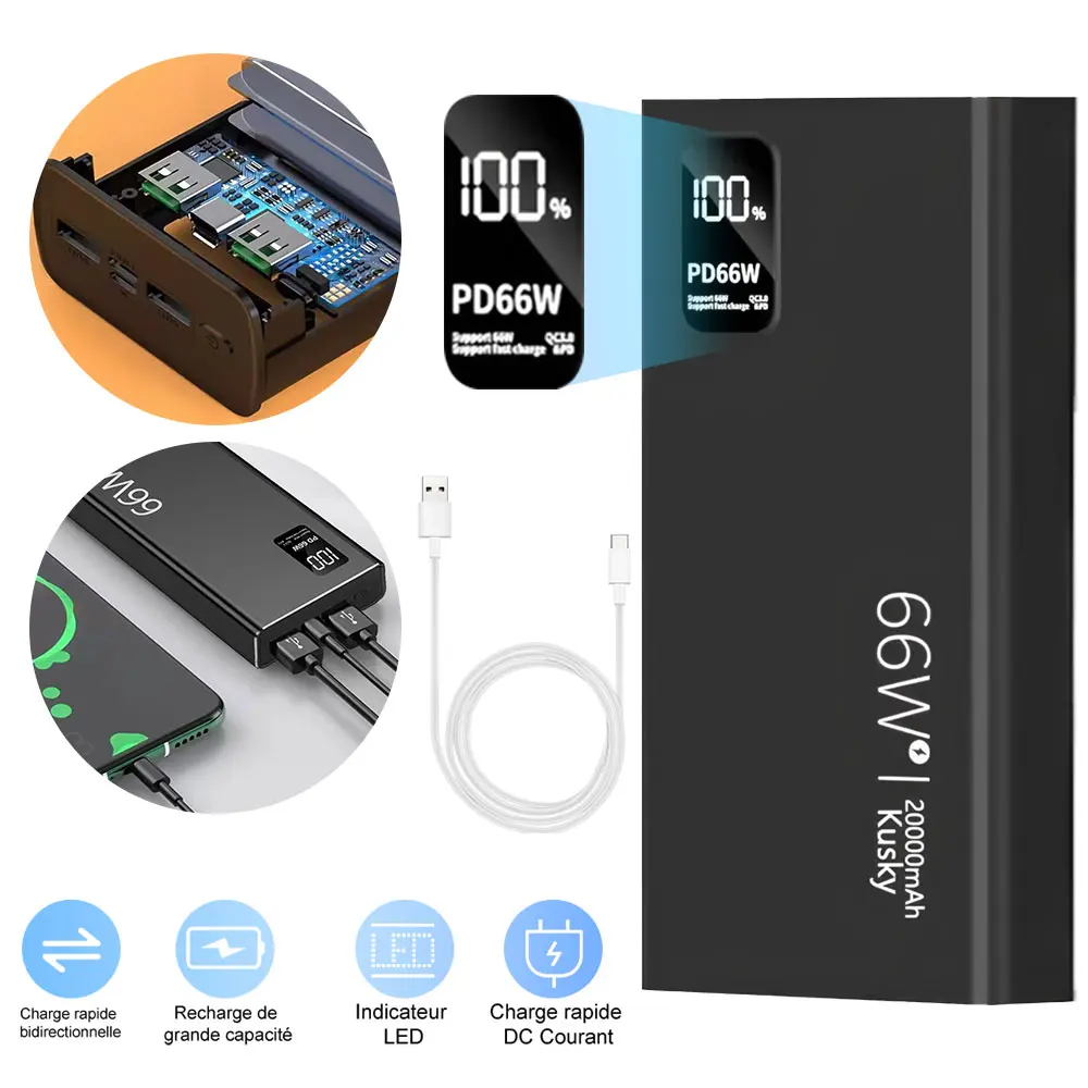 20000mAh Power Bank 66W, Super Fast Charging Portable Charger PD 20W & QC 3.0, Two-Way Fast Charge USB C Battery Pack with LED Digital Display, High Capacity External Battery for iPhone Samsung iPad Laptop, Airline Approved Travel Camping