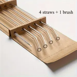 Reusable High Borosilicate Glass Straws Set (5 Pieces), Transparent Design, Ideal for Weddings & Beaches, Includes Cleaning Brush