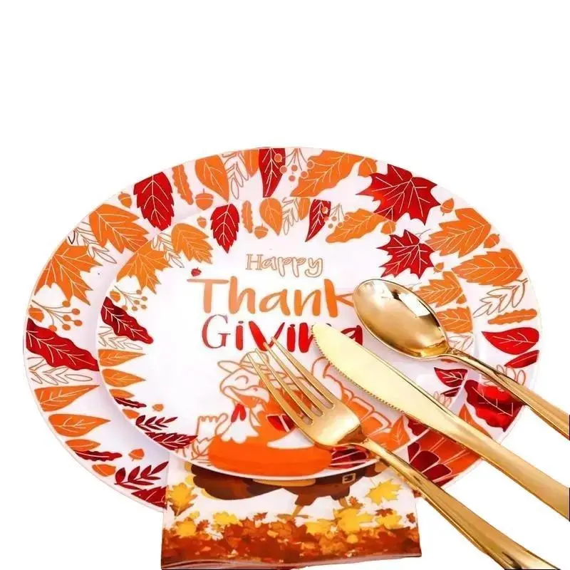 Thanksgiving Plastic Plates, 176 Pieces Disposable Fall Plastic Plates - Thanksgiving Dinnerware with Turkey Design
