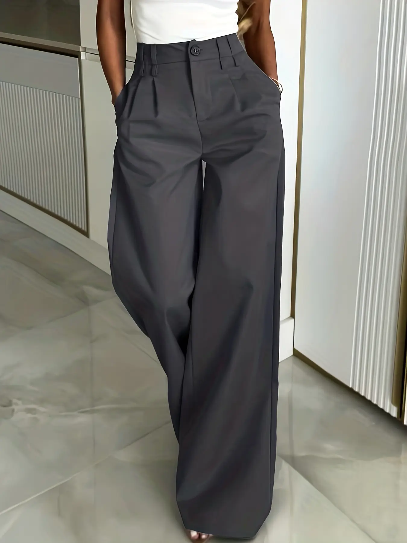 Wide Leg Pants for Women| Loose-Fit, Solid Color with Unique Belt Design, Suitable for Office and Casual Wear, Pocket Details, All-Season Comfort