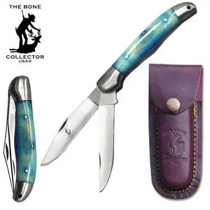 5" Blue Bone Collector 2 Blade Bone Handle Folding Knife with Leather Knife