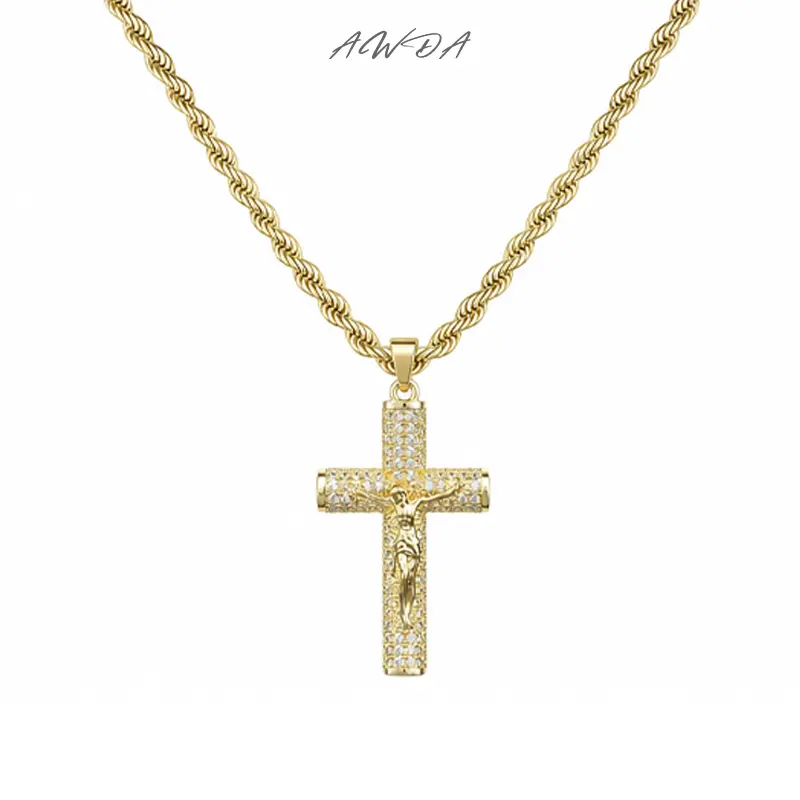 14K Gold-Plated Jesus Christ Cross Crucifix Pendant with Sparkling Crystals,Religious Hip Hop Jewelry for Men and Women，Gold/Silver Rhinestone Cross Necklace, God Redemption Charm Necklace, Religious Costume Jewelry Accessories