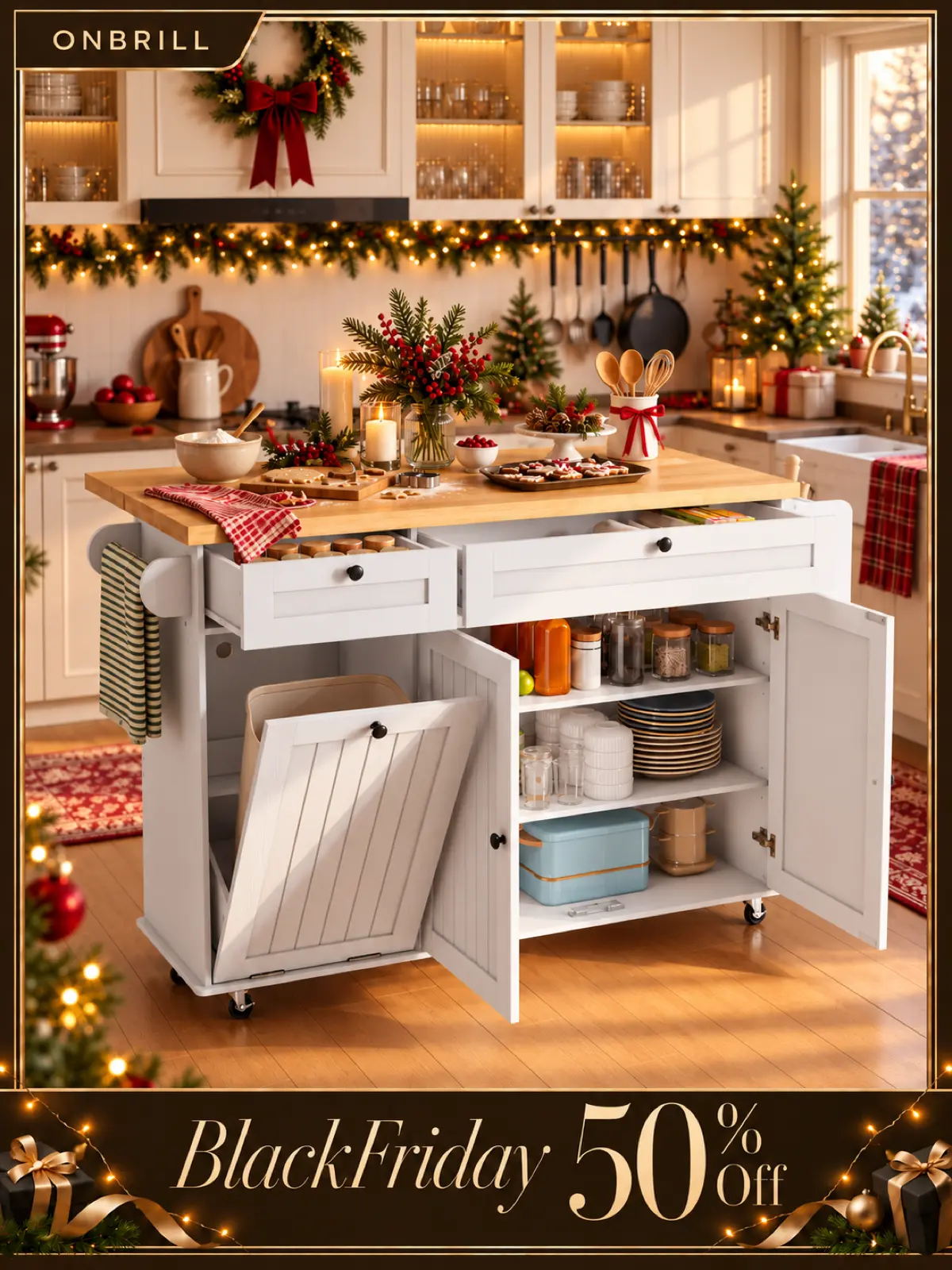 【Black Friday】ONBRILL 60" / 81.7" Kitchen Island with Power Outlet & Drop Leaf, Kitchen Rolling Island with Spice Rack & Towel Rack, Knife Holder, Kitchen Island Cart with Trash Storage Cabinet, Mobile Island Table for Kitchen