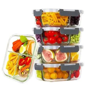 Glass Food Storage Containers Set, Stackable Containers, Leak-Proof BPA-Free Meal Prep Bowls with Lids, 5-Pack with 3 Compartments, Ideal for Kitchen Use