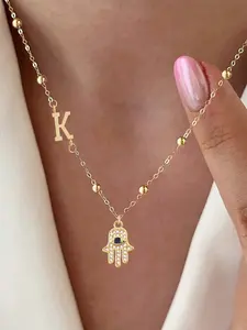 Women's Initial Zirconia Inlay Fatima Hand Pendant Necklace, Elegant Stainless Steel Chain, Classic Fashion Jewelry for All Seasons